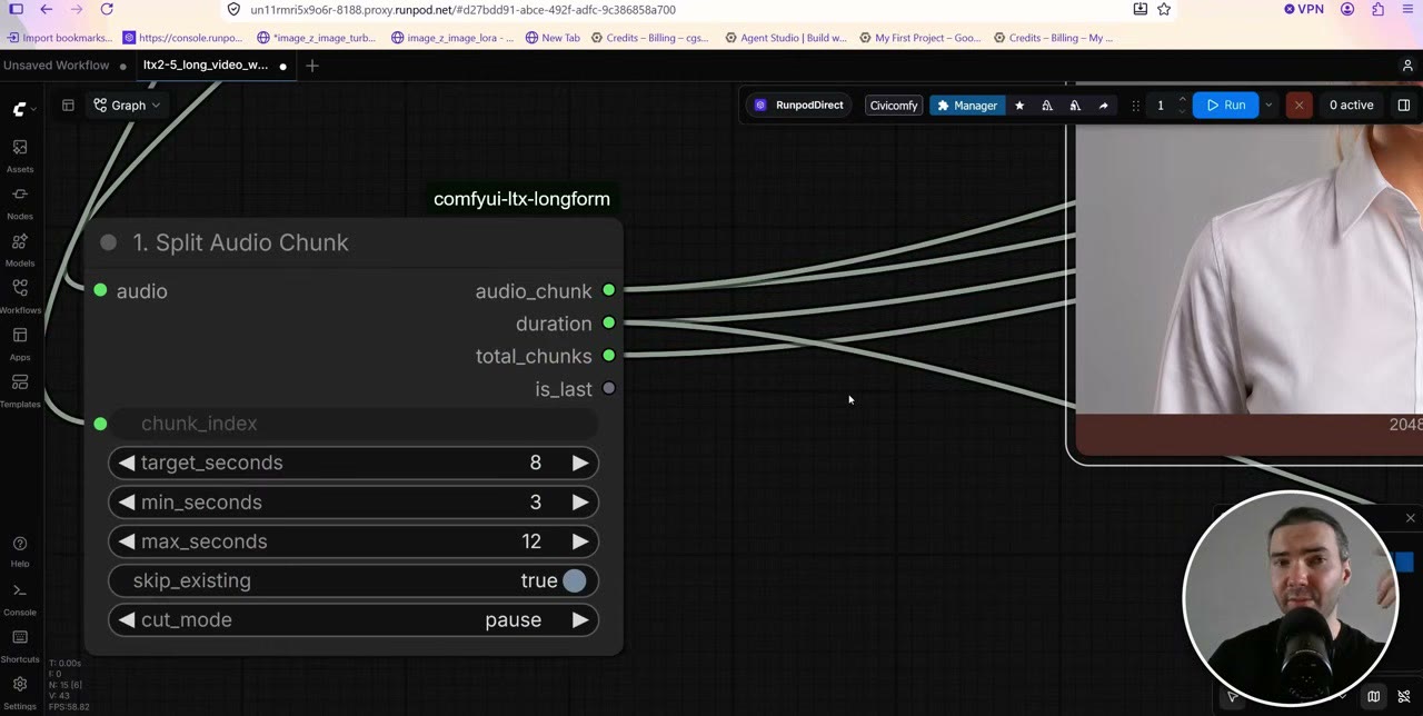 The Split Audio Chunk node with target 8 seconds, minimum 3, maximum 12 and cut mode set to pause