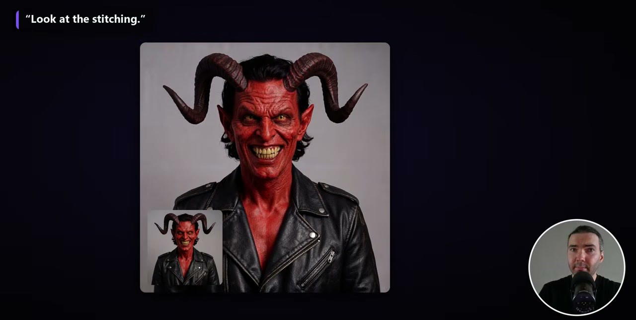 A red-skinned demon character with horns generated as a talking avatar with LTX-2.5, with the source portrait inset
