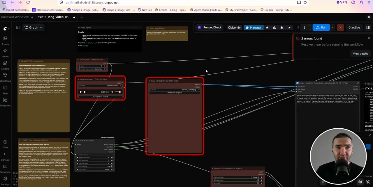 The LTX-2.5 long video workflow in ComfyUI, with the input nodes outlined in red and explanation notes beside them
