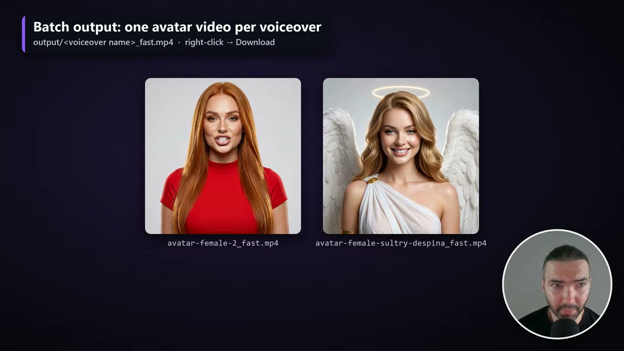 Two finished talking-avatar videos rendered from two portraits, named after their voiceover files