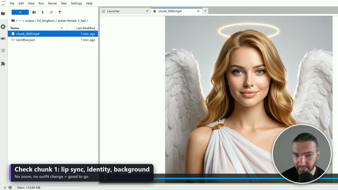 JupyterLab playing chunk_0000.mp4 from the output folder, showing the avatar with angel wings and a halo