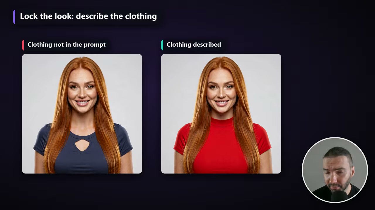Side by side: with clothing not in the prompt, the avatar's red top changed to a blue one; with the clothing described, it stayed red