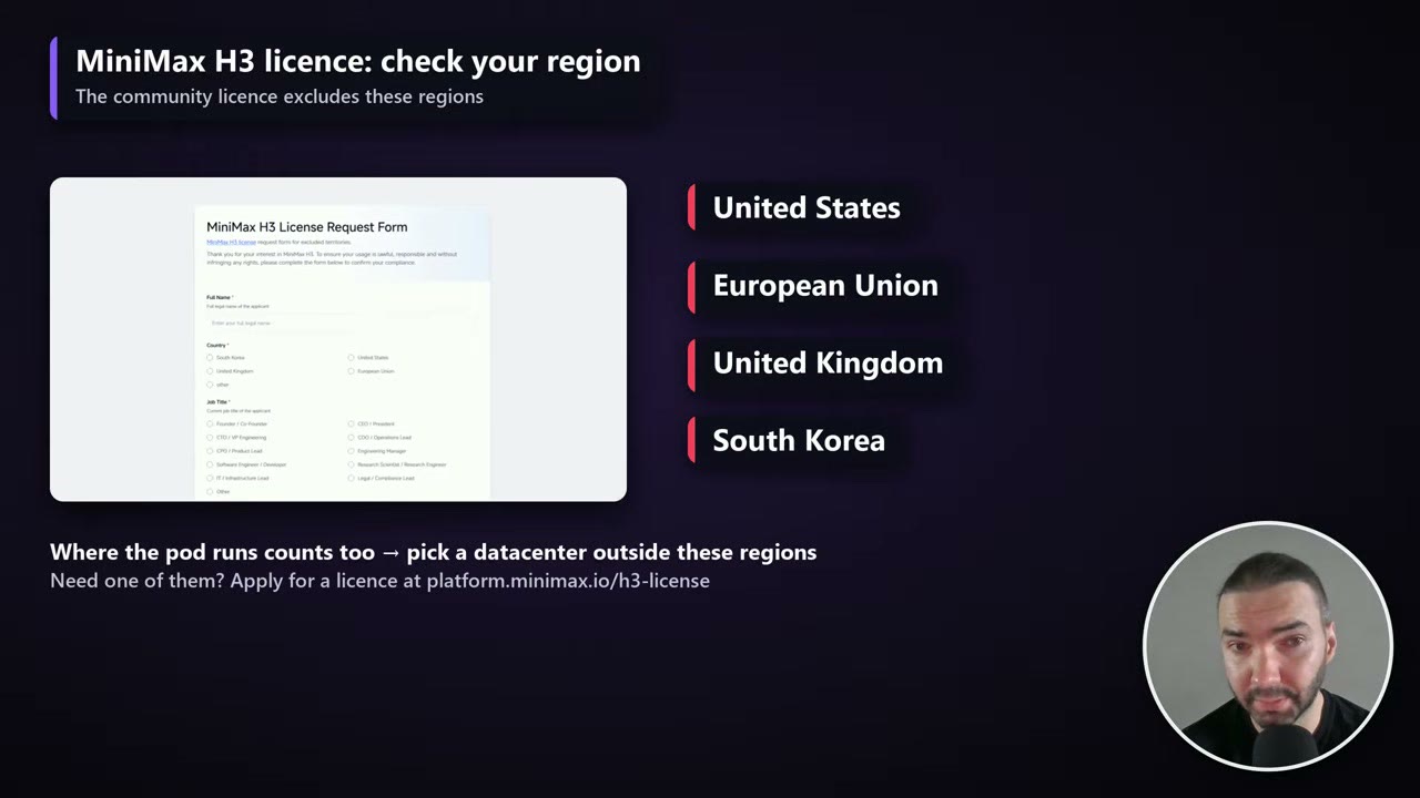 Slide listing the regions the MiniMax H3 community licence excludes: United States, European Union, United Kingdom and South Korea
