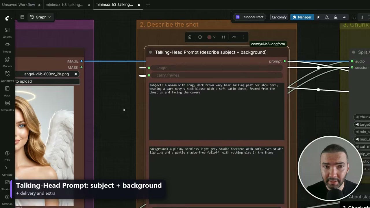The Talking-Head Prompt node in ComfyUI with a subject description and a background description