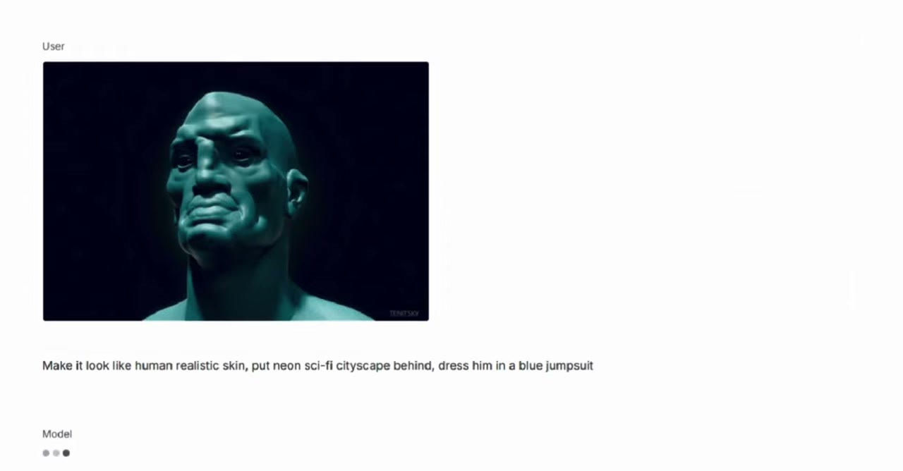 An alien character with realistic skin, wearing a jumpsuit, in front of a neon sci-fi city