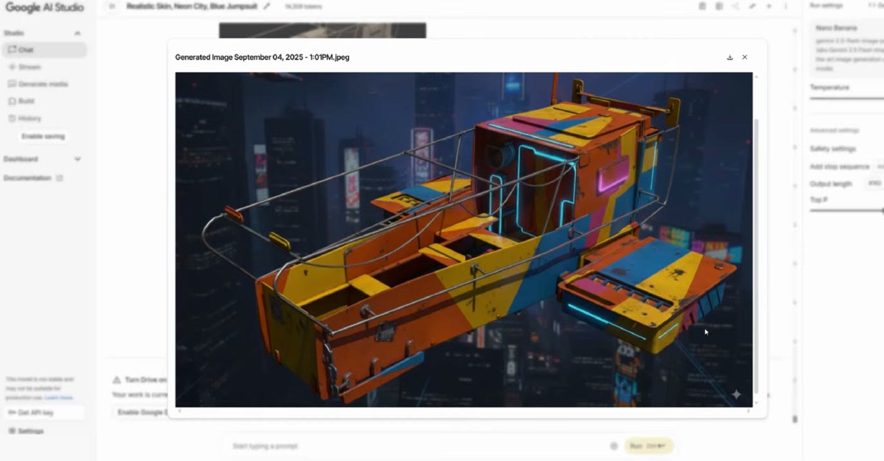 A flying cargo ship concept colourised with bright blue, yellow and orange panels against a neon city