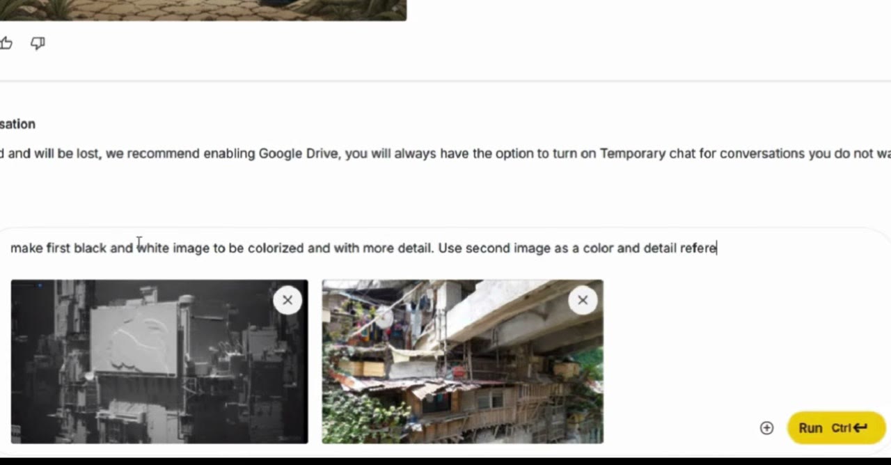 A black-and-white concept drawing and a colour reference photo of a slum loaded into a prompt