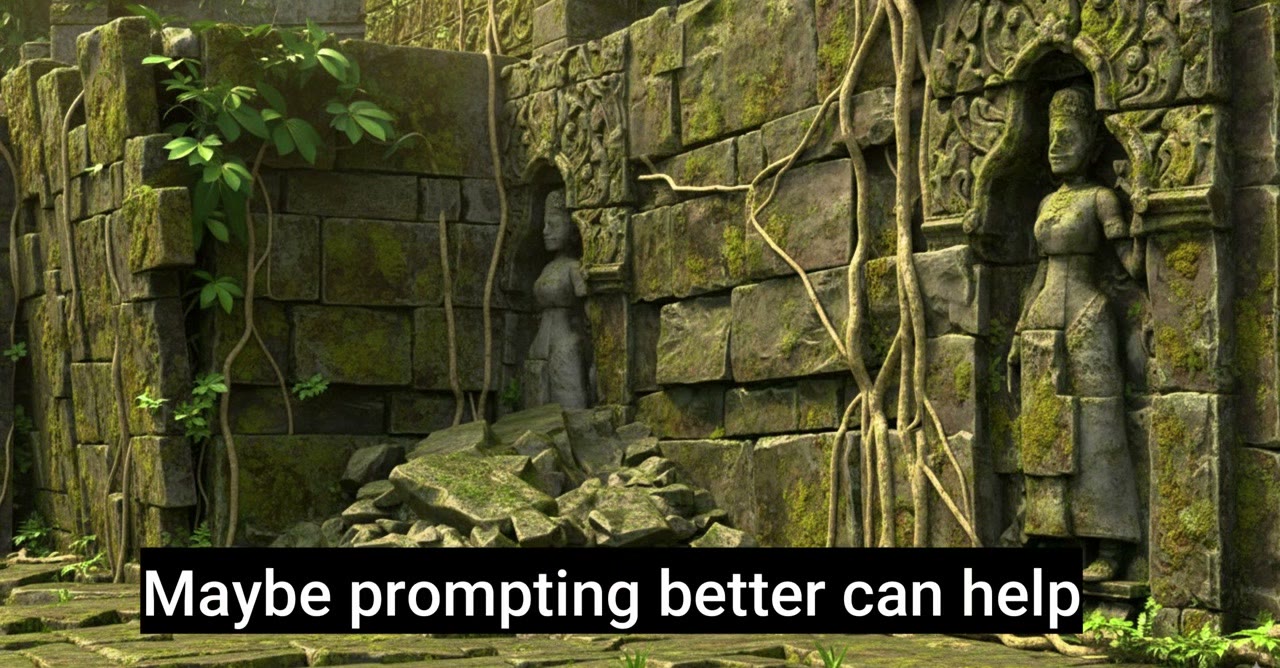 A 3D ruin restyled as a jungle temple with carved figures and roots