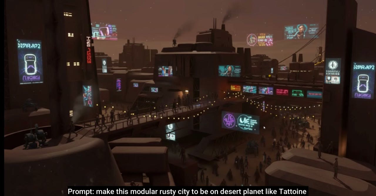 A dark sci-fi street with many neon signs added