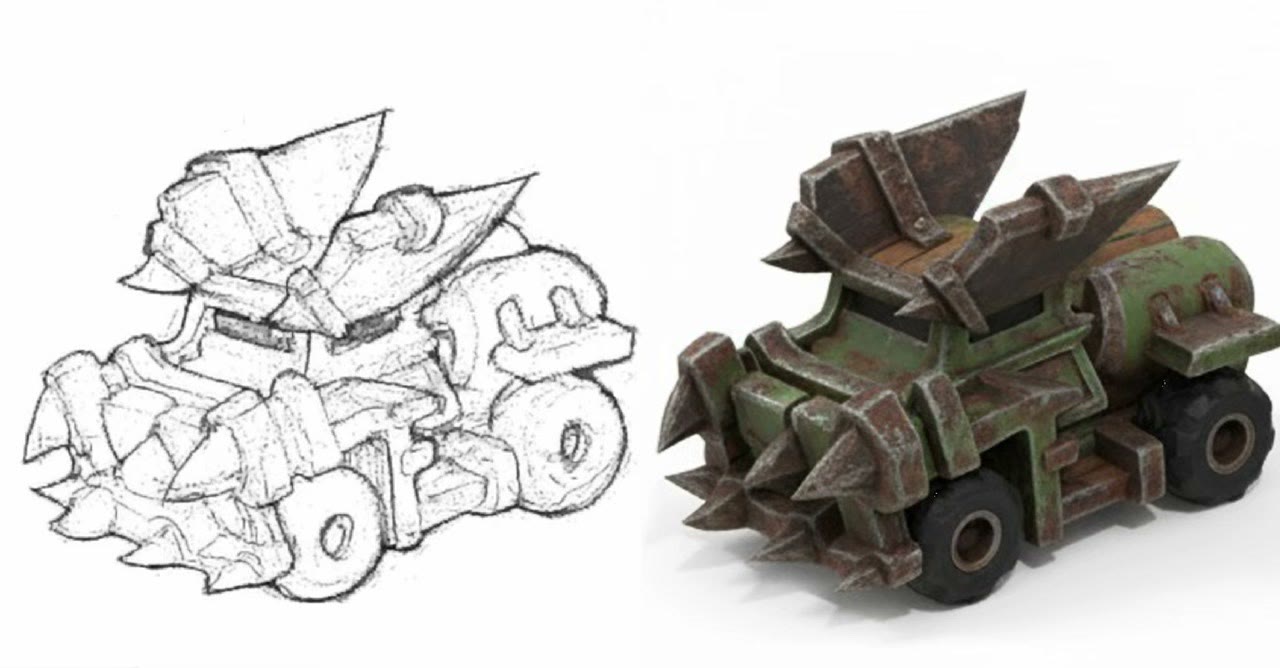 A line sketch of a spiky cartoon vehicle next to the finished 3D-style mobile game vehicle Nano Banana made from it