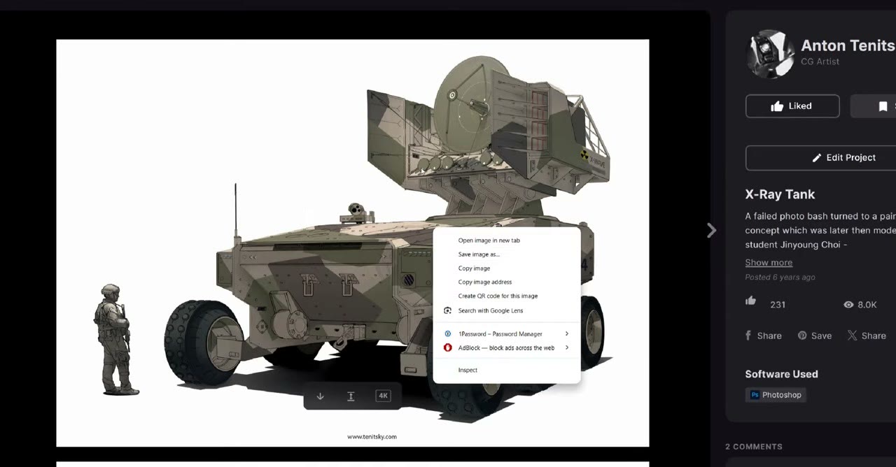 A grey 3D render of a concept tank with a soldier beside it