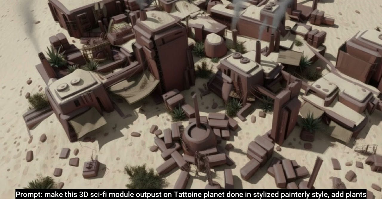 A blockout of modular buildings turned into a sandy desert planet town