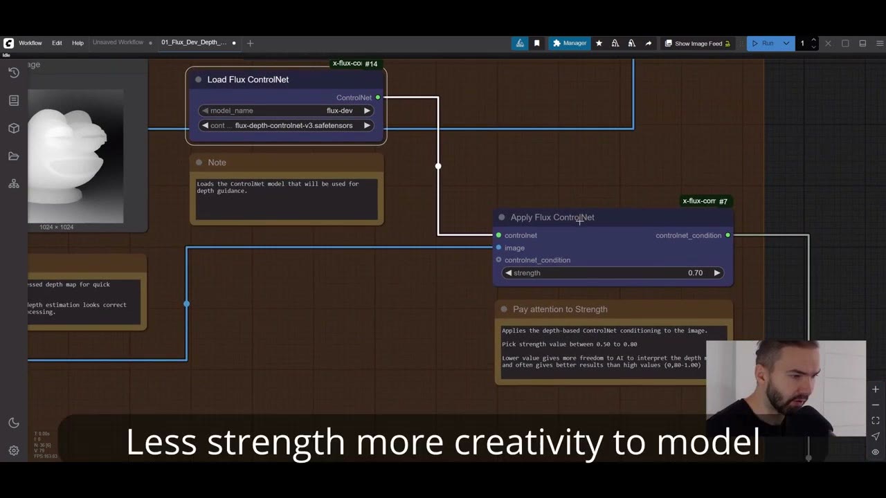 The ControlNet group in the workflow with a note that less strength gives more creativity to the model