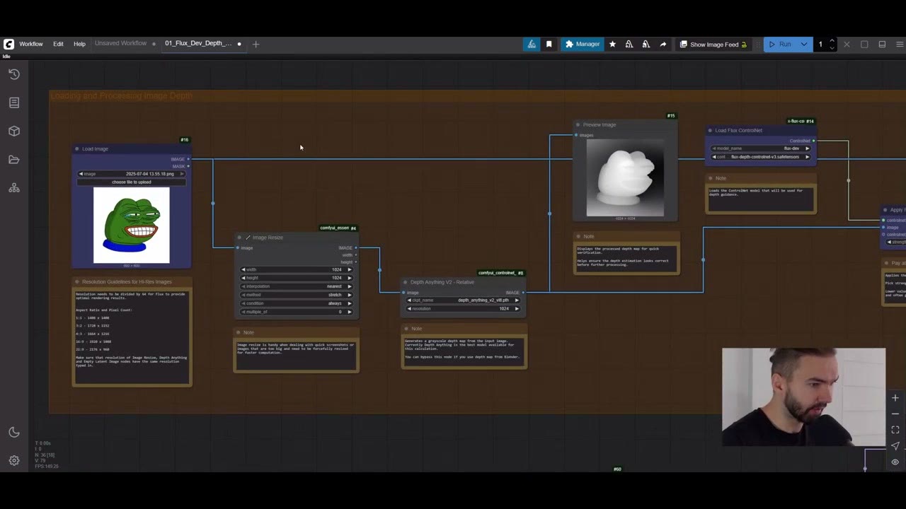 The workflow with the cartoon Pepe loaded and its greyscale depth map preview