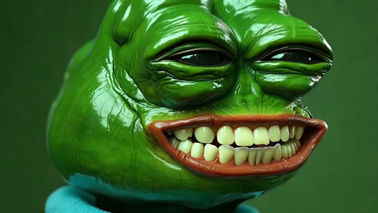 A photoreal green frog-like character with wrinkled moist skin, squinting eyes, tears and a wide grin