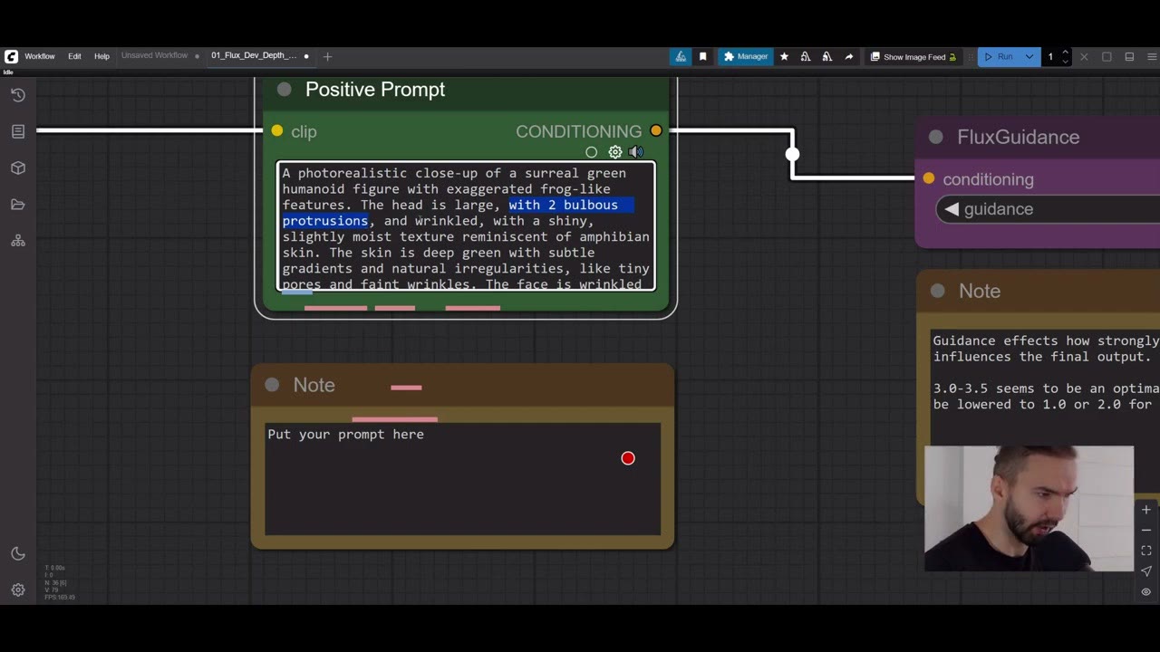 The positive prompt node with a long, detailed photorealistic description