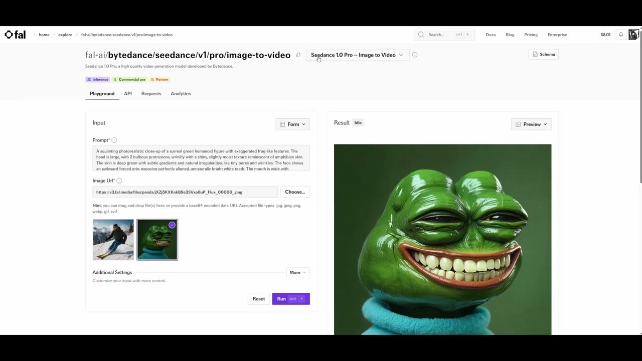 The Seedance image-to-video page on fal with the photoreal Pepe uploaded