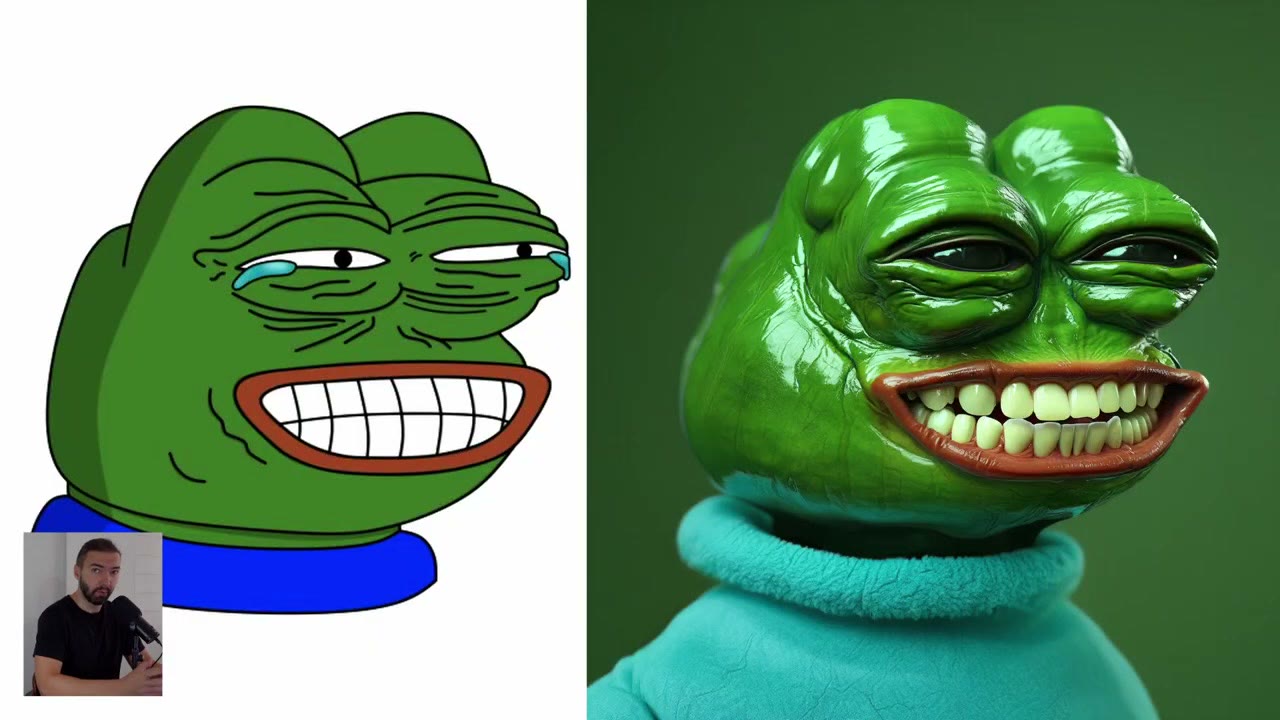 The cartoon Pepe the Frog grinning, next to a photoreal version with wrinkled green skin and bright white teeth
