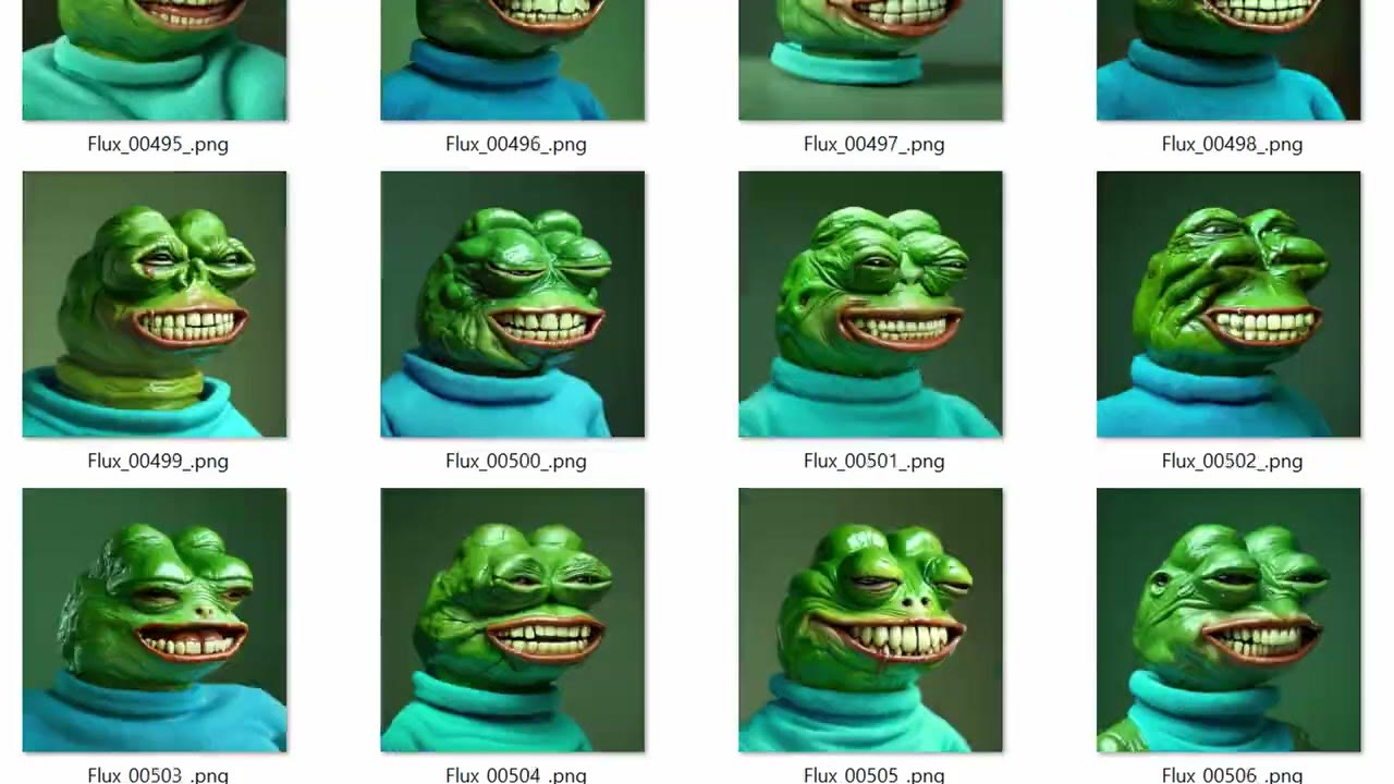 A grid of twelve photoreal Pepe variations generated with incrementing seeds