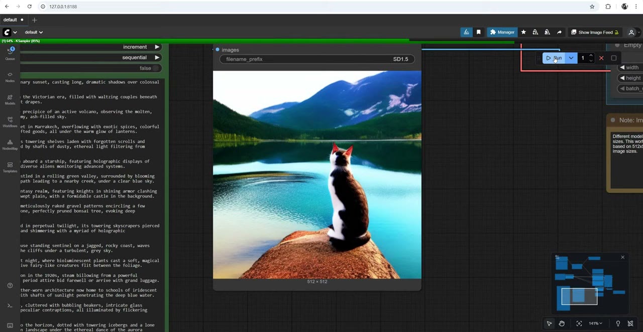 An SD 1.5 image of a black and white cat sitting on a rock in front of a mountain lake, with the prompt list on the left