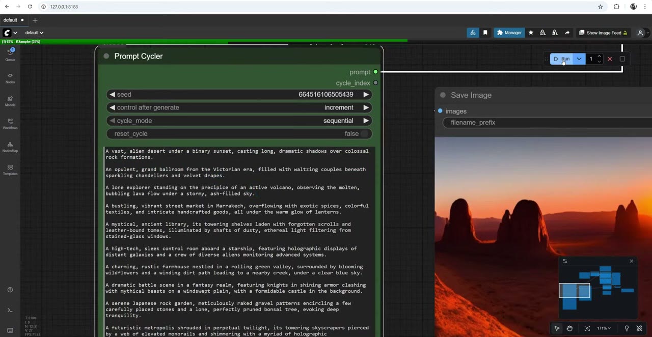 The Prompt Cycler node in ComfyUI with a list of prompts, cycle mode set to sequential, next to a generated image of desert rock formations at sunset