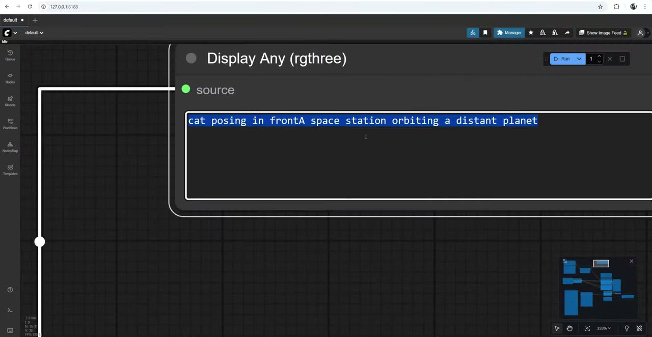 A Display Any (rgthree) node showing the text: cat posing in front a space station orbiting a distant planet