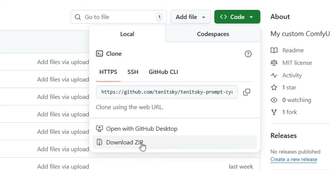 The GitHub repository page with the Code menu open and Download ZIP highlighted
