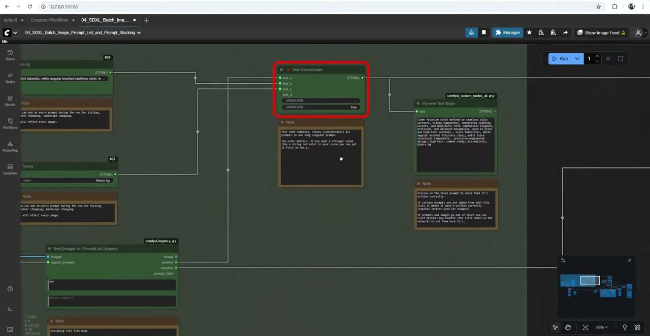 An older SDXL batch workflow with Text Concatenate, string nodes, an Inspire pack Bind node and notes