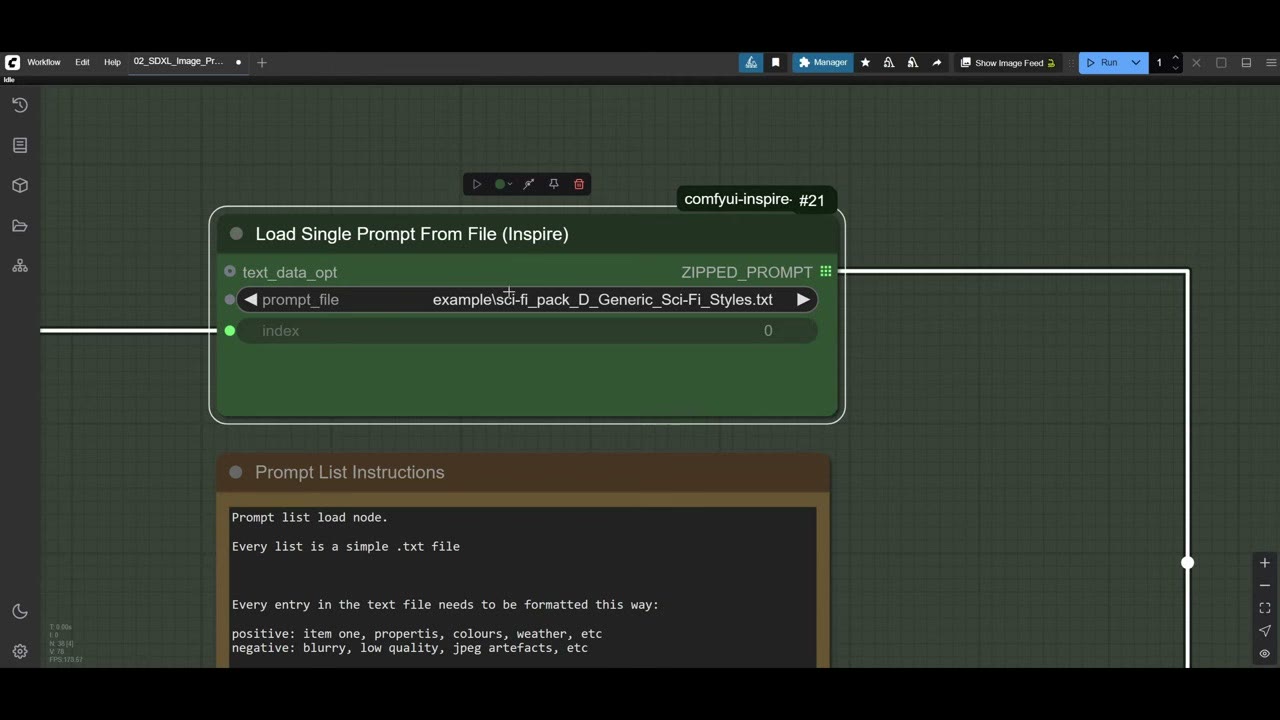 The Load Single Prompt From File (Inspire) node with a prompt file selected and an index input, above a note explaining the file format