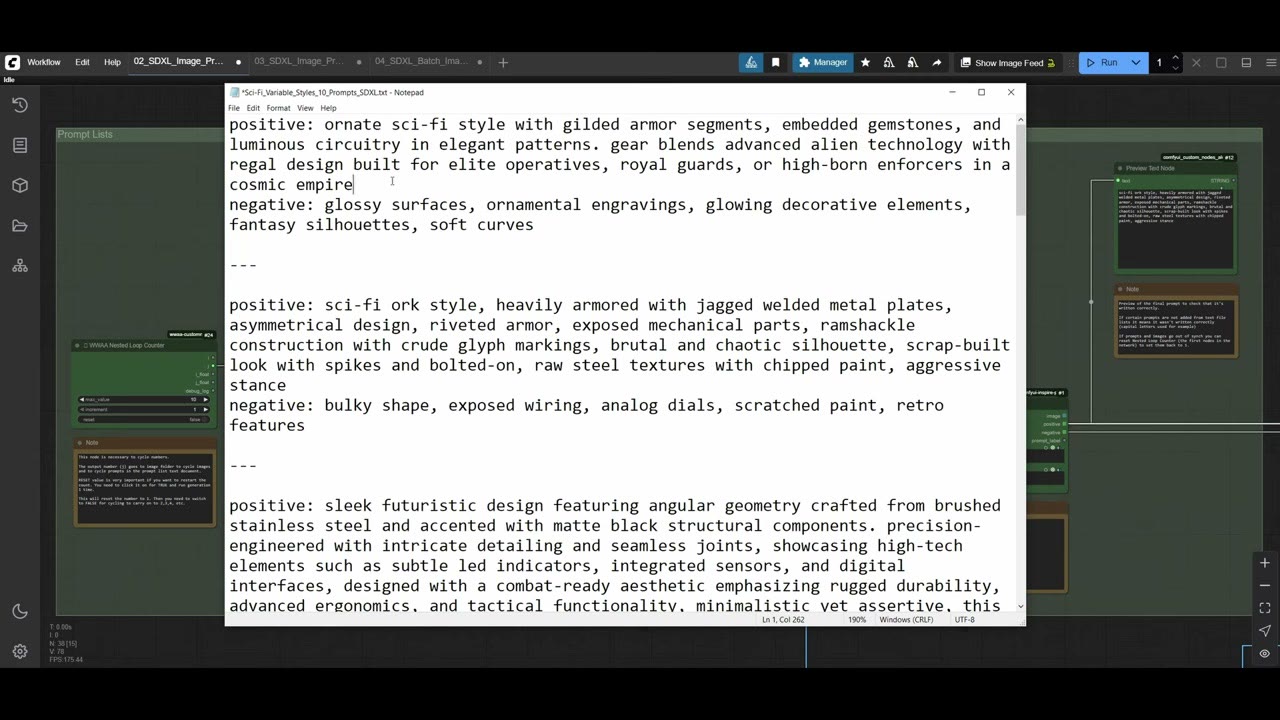 A prompt list text file in Notepad with entries made of a positive line, a negative line and three dashes