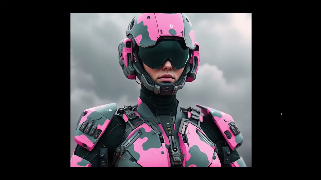 A soldier in pink and grey camouflage armour with a dark visor, one of the style variations rendered from a prompt list