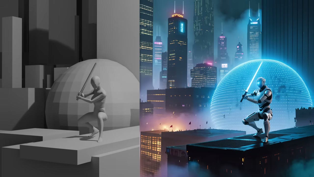 A grey Blender blockout of a crouching figure with a sword next to a cyberpunk render of the same pose with a blue energy shield