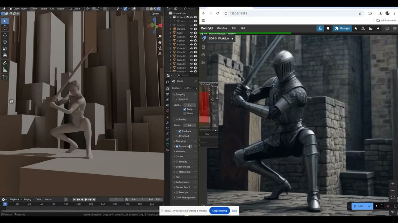 The same blockout rendered as an armoured knight in front of a castle at night