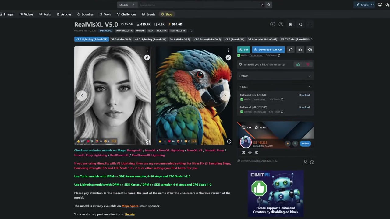The RealVisXL model page on Civitai