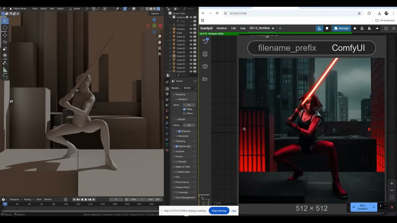 Blender on the left and a 512 by 512 Stable Diffusion render of a woman with a red lightsaber on the right