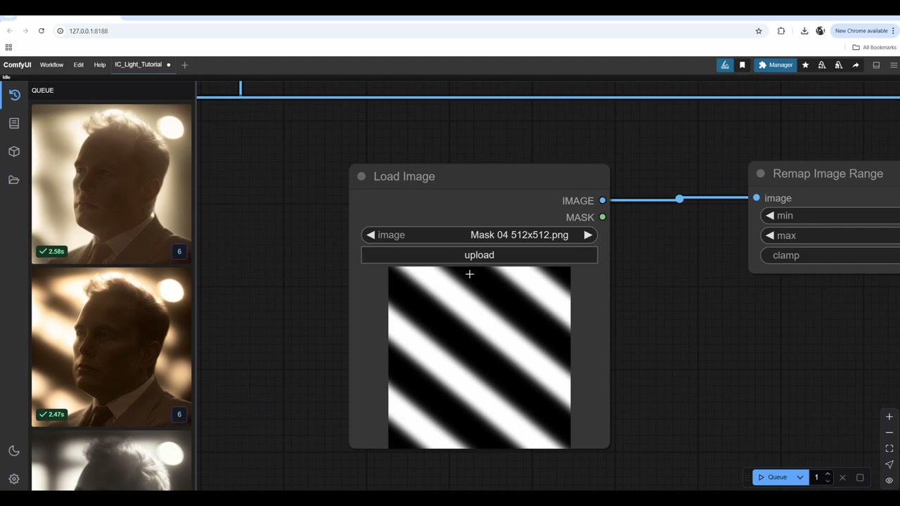 A diagonal line light mask in a preview node with relit results in the queue