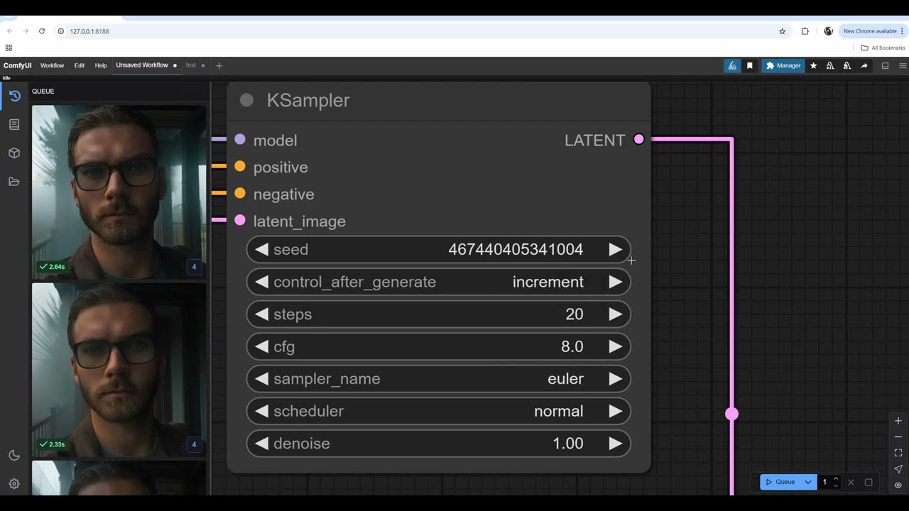 The KSampler with control_after_generate set to increment next to relit portraits in the queue