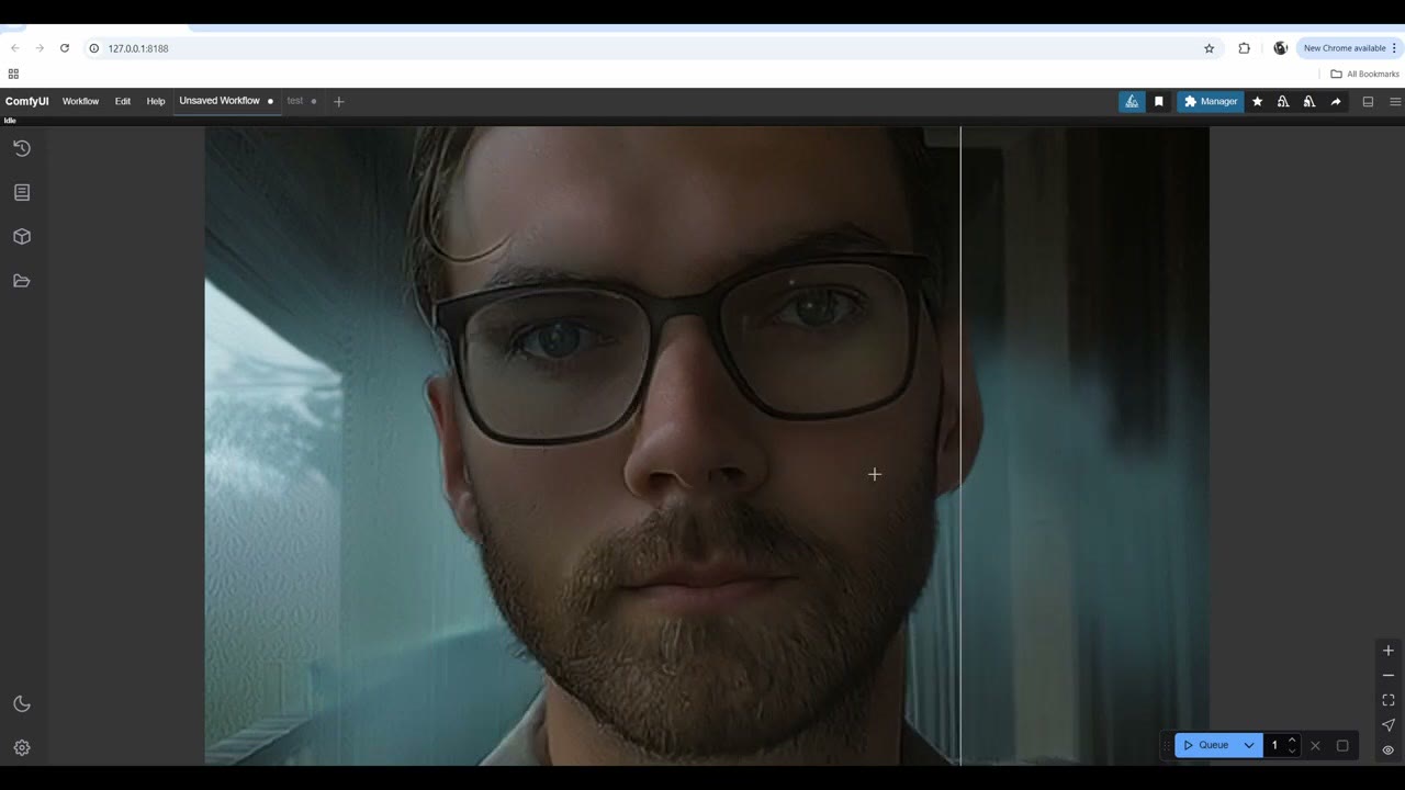 A relit selfie of a man with glasses and a beard split by the comparer slider against the original