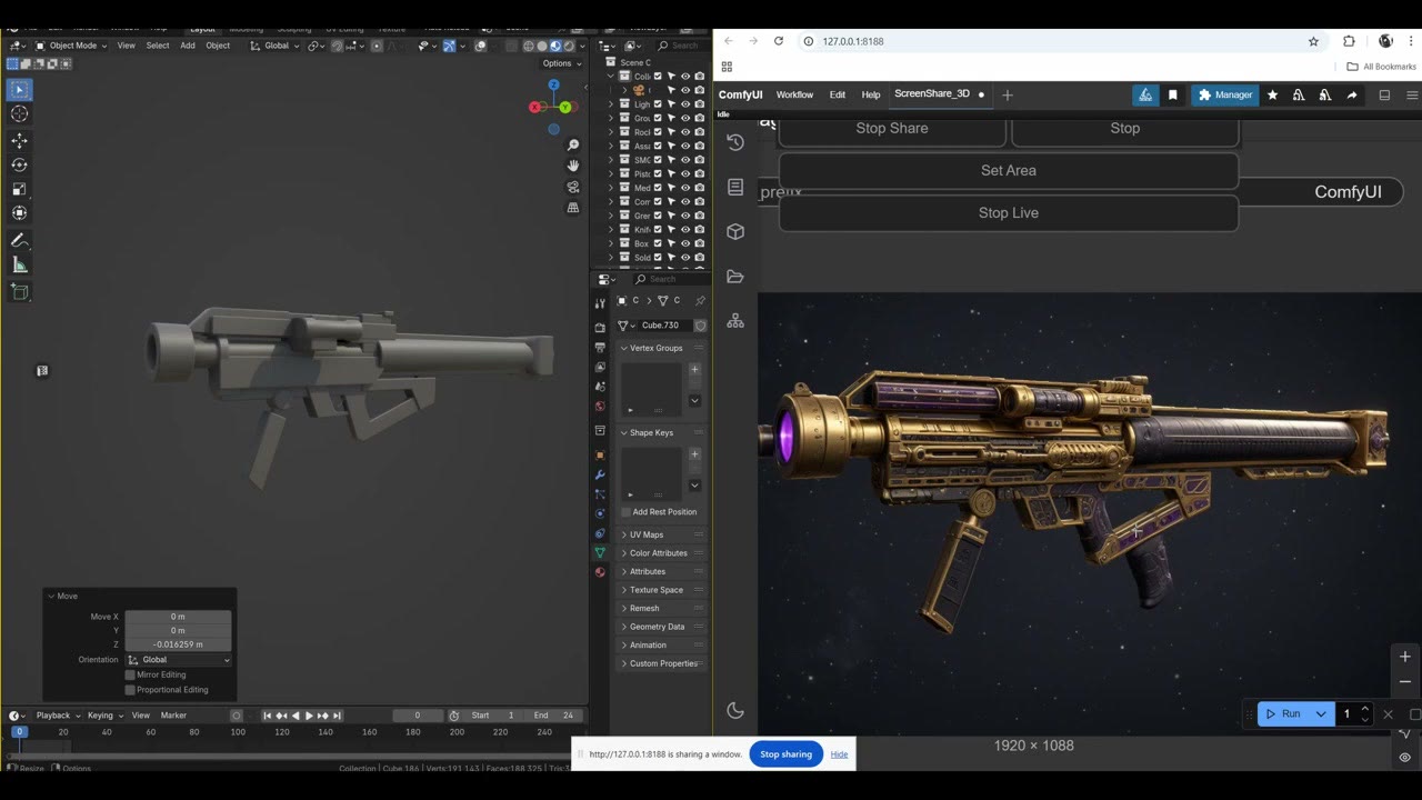 A detailed gold and purple sci-fi rocket launcher rendered from the blockout