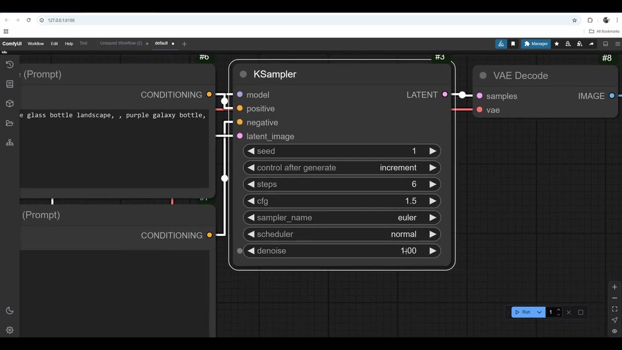 The KSampler node with the seed on increment, 6 steps and CFG 1.5