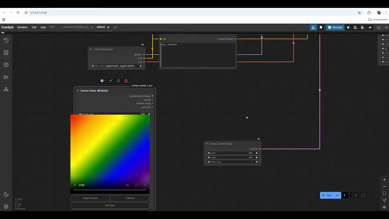 The Mixlab Screen Share node showing a rainbow test pattern