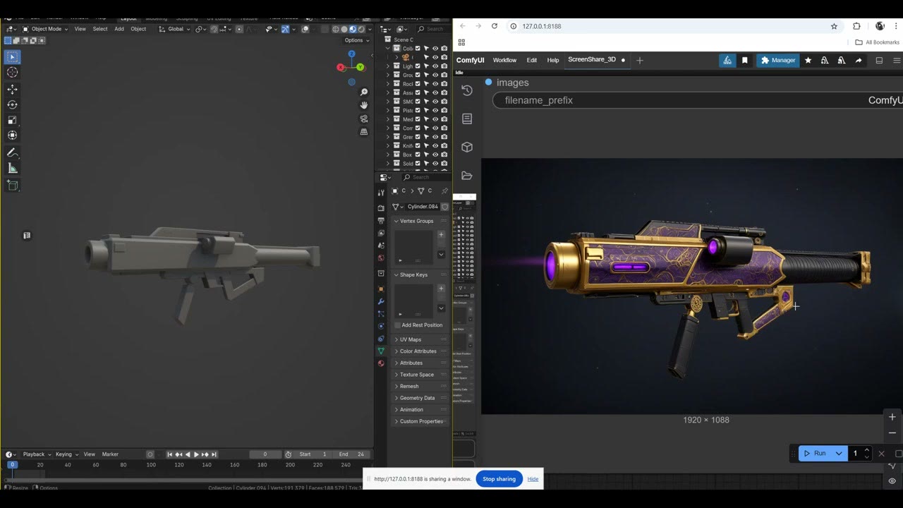Blender on the left with a grey rocket launcher blockout, ComfyUI on the right rendering it live as a gold and purple sci-fi weapon