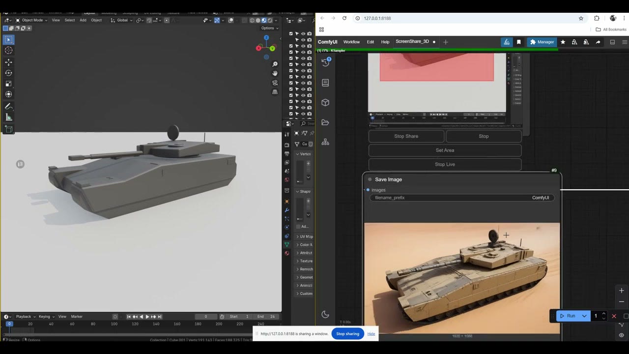 A tank blockout in Blender with its live render, a modern tank in a landscape