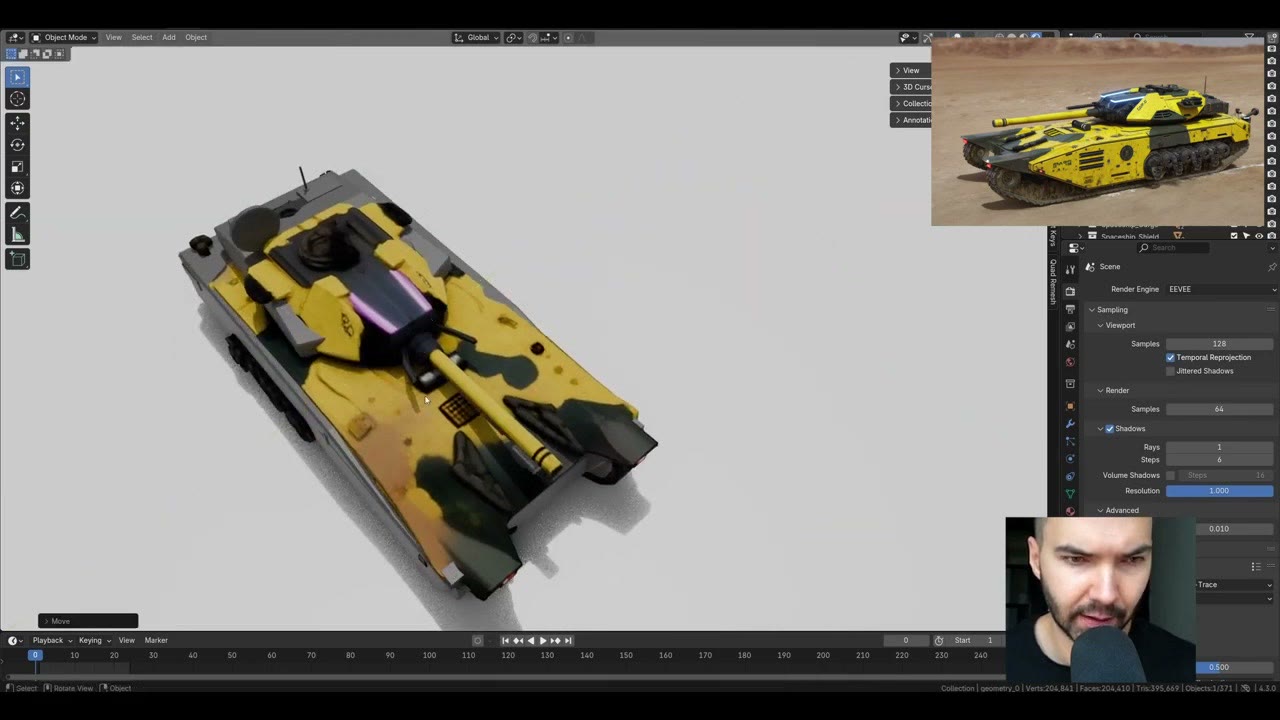 The generated textured tank in Blender next to the original grey blockout, with matching proportions