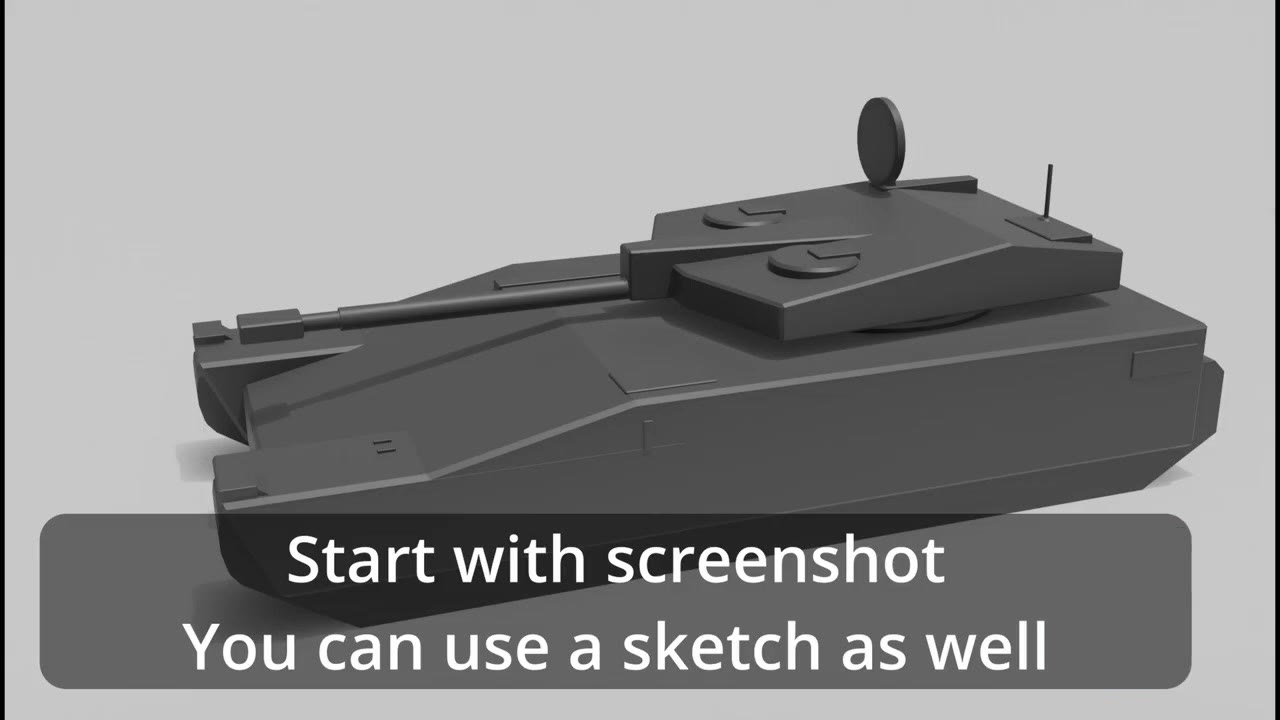 A grey 3D blockout of a tank made from simple boxes and cylinders