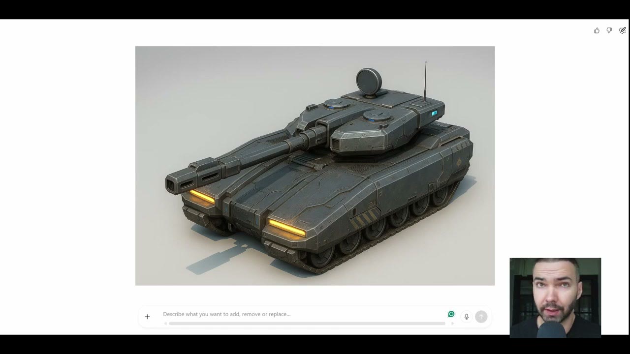 ChatGPT's version: a dark grey sci-fi tank with orange lights
