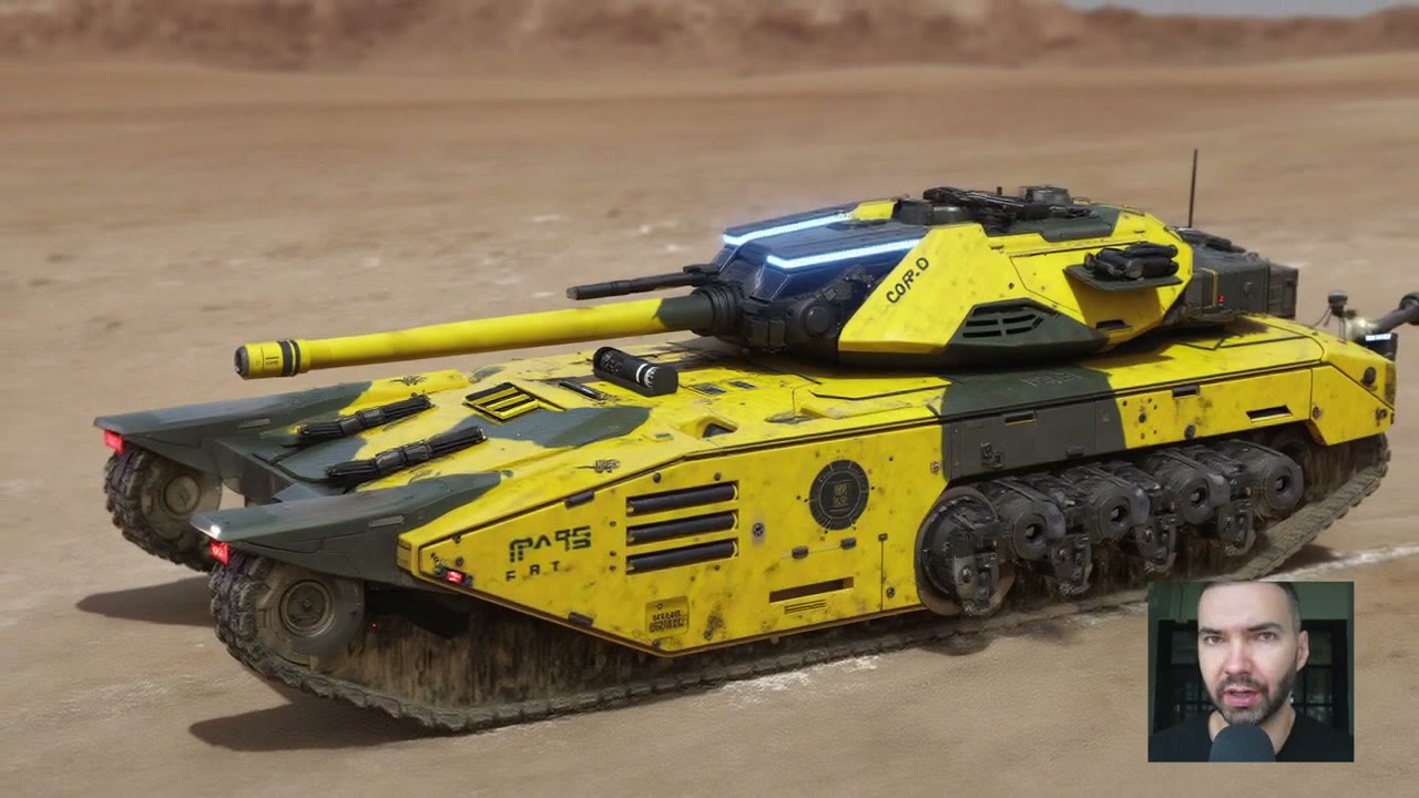 Flux's version: a detailed yellow and black sci-fi tank in a desert