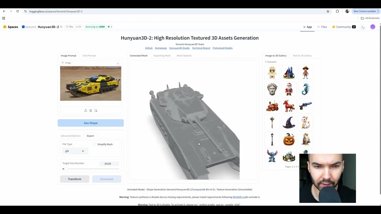 The Hunyuan3D-2 Space showing the generated grey 3D tank mesh
