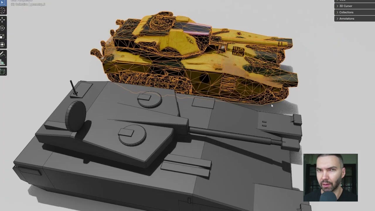 A textured yellow sci-fi tank generated with AI, sitting on top of the grey 3D blockout it came from, in Blender