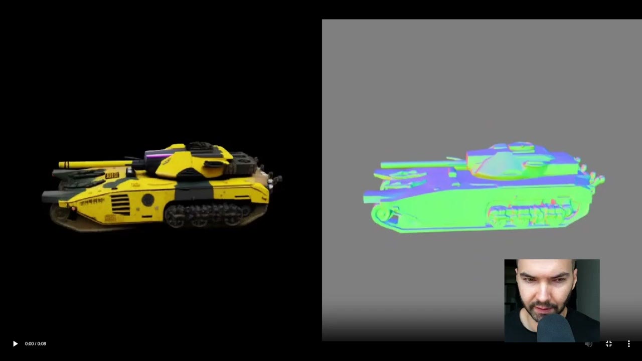 The textured yellow tank model generated by TRELLIS, shown with its texture map